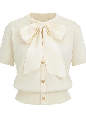 Cream Bow-Tie Short Sleeve Knit Top Small